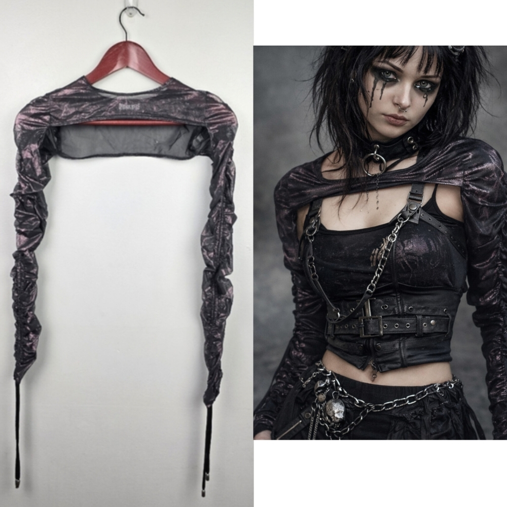 Darker Wavs Grunge Mesh Shrug Long Sleeve Top Sheer Black Irridecent Women Sz XS